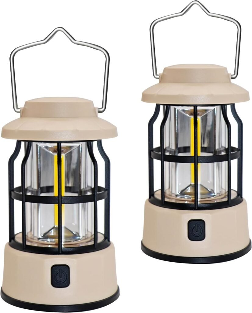 Camping Lantern Battery Powered LED Camping Light Dimmable Water-Resistant Lantern, COB High Brightness for Survival Hiking Fishing Snow Emergency Lighting 2-Pack (White)