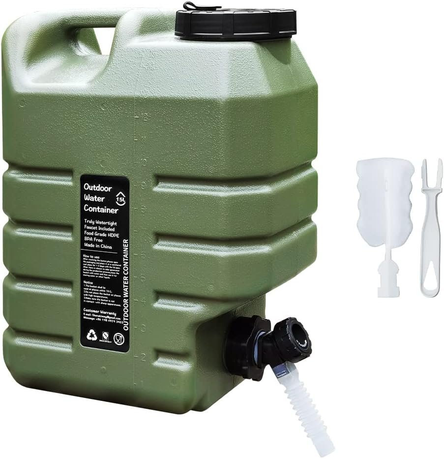 Camping Water Container with Spigot 3.9 Gallon Water Jug BPA Free, 15L Water Storage Containers Military Green Emergency Water Bucket Portable Water Tank for Hiking Picnic BBQ