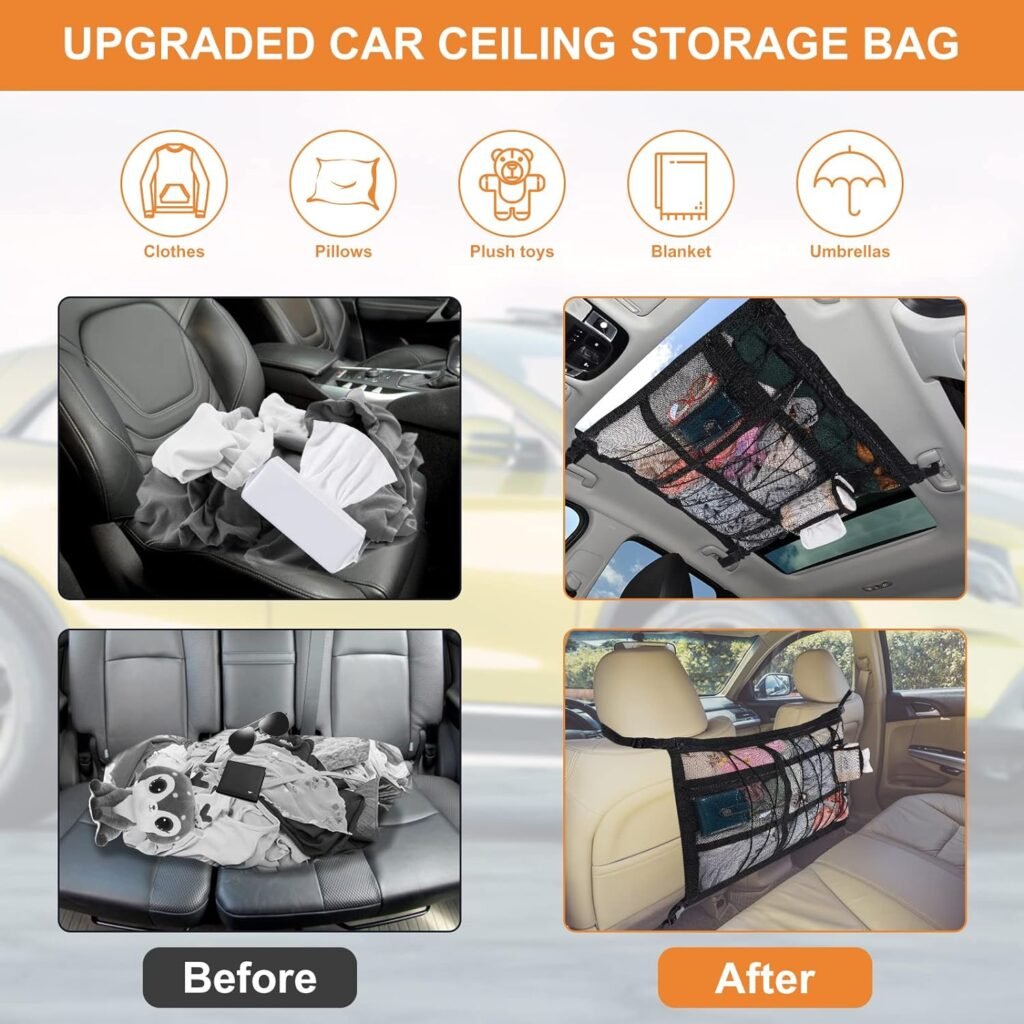 Car Ceiling Cargo Net,31.5x21.6 Reduce Sagging of Car Roof Mesh Storage Organizer,Camping Gear Must Haves Cargo Net for SUV,Long Travel Road Trip,Car Camping Essentials Accessories