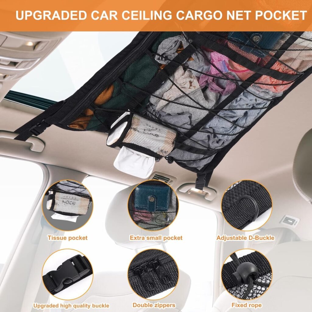 Car Ceiling Cargo Net,31.5x21.6 Reduce Sagging of Car Roof Mesh Storage Organizer,Camping Gear Must Haves Cargo Net for SUV,Long Travel Road Trip,Car Camping Essentials Accessories