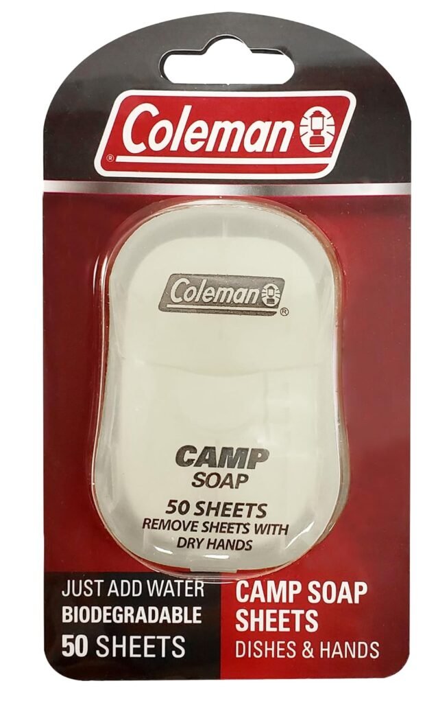 Coleman Camp Soap Sheets Dispenser - Portable Hand and Dish Soap for Traveling, Camping, and Outdoor Adventures - Biodegradable Travel Soap Sheets - Essential Camping Gear - 50 Sheets and Dispenser