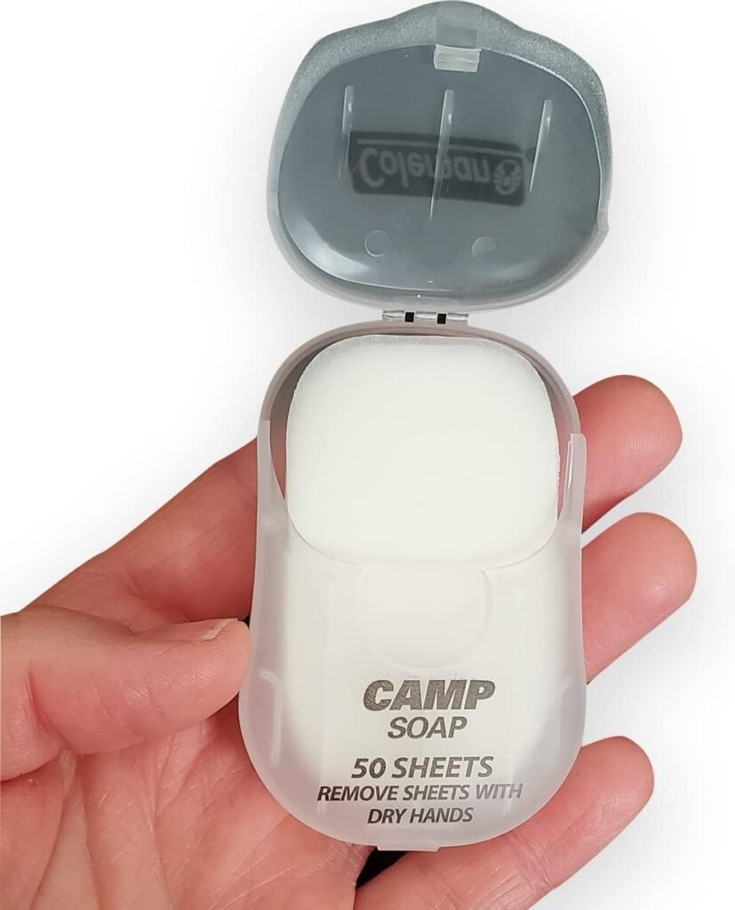 Coleman Camp Soap Sheets Dispenser - Portable Hand and Dish Soap for Traveling, Camping, and Outdoor Adventures - Biodegradable Travel Soap Sheets - Essential Camping Gear - 50 Sheets and Dispenser