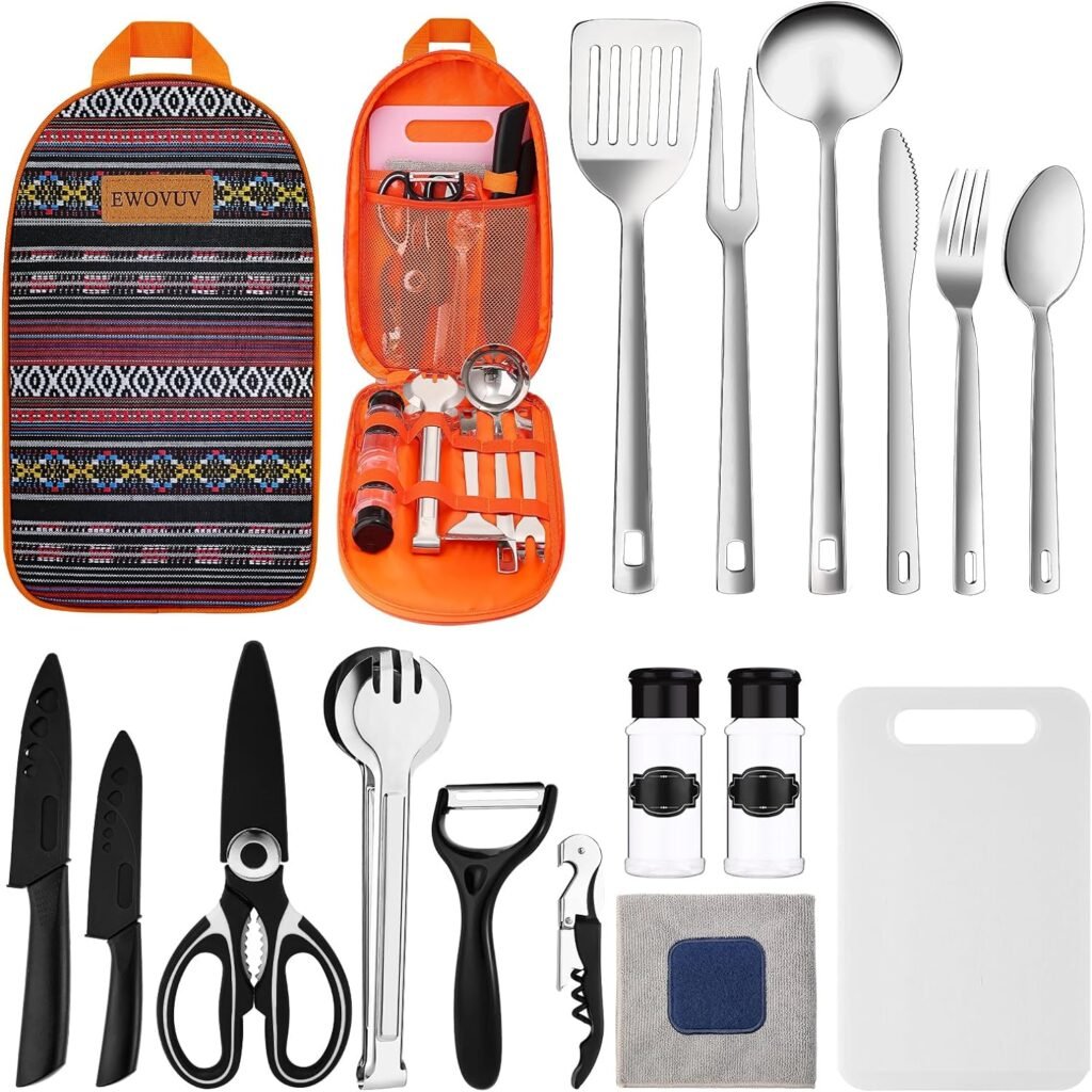 EWOVUV Camping Cooking Utensils Set- Camping Essentials Cookware Accessories Gear Must Haves Camper Tent Camp Kitchen Rv Gadgets Outdoor Stove Portable Picnic Gifts for Women BBQ Stuff