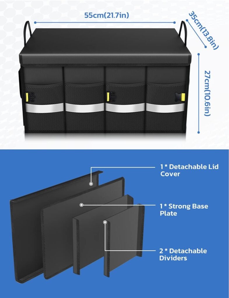 Oasser Trunk Organizer Cargo Organizer Trunk Storage Waterproof Collapsible Durable Multi Compartments with Foldable Cover Aluminium Alloy Handle Reflective Strip