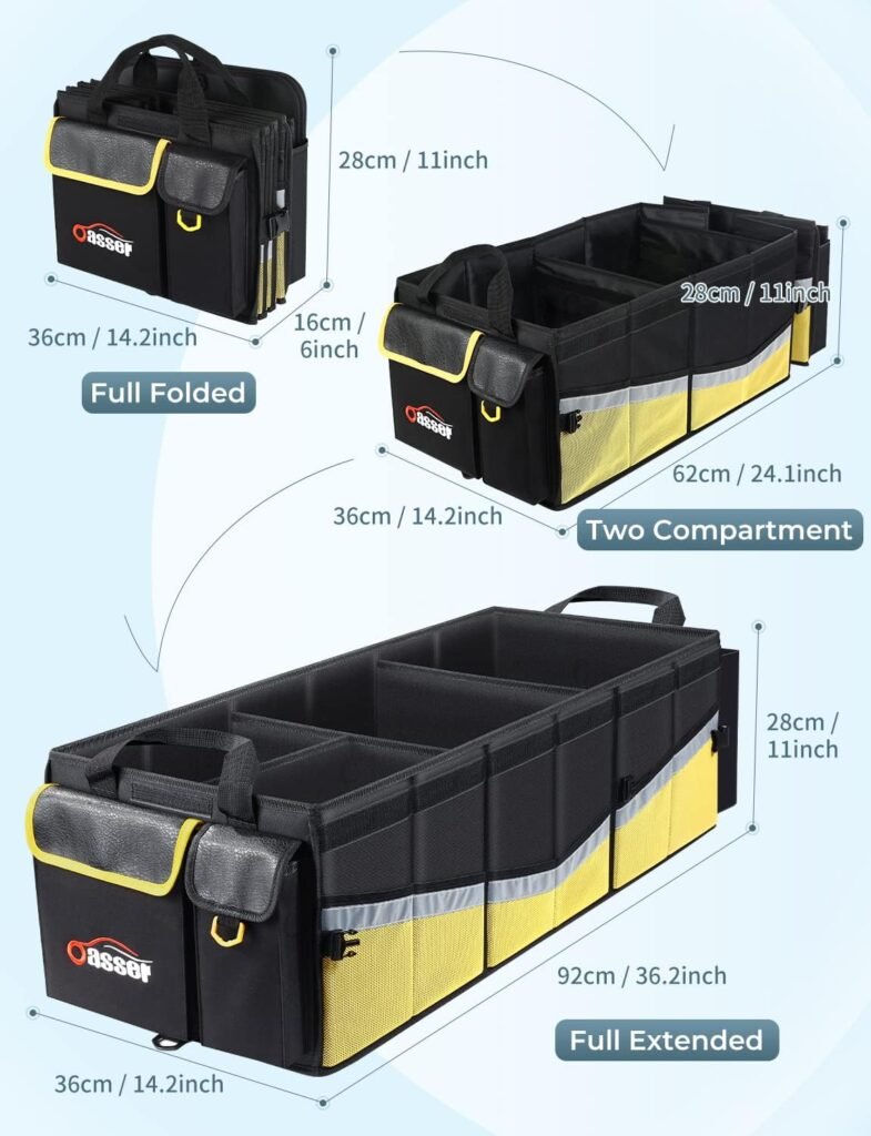 Oasser Trunk Organizer Cargo Organizer Trunk Storage Waterproof Collapsible Durable Multi Compartments with Foldable Cover Aluminium Alloy Handle Reflective Strip