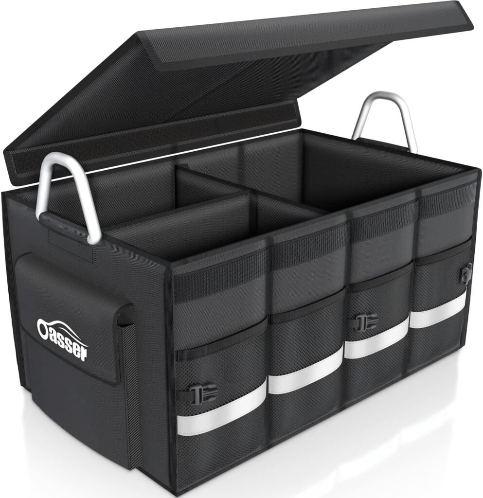 Oasser Trunk Organizer Cargo Organizer Trunk Storage Waterproof Collapsible Durable Multi Compartments with Foldable Cover Aluminium Alloy Handle Reflective Strip