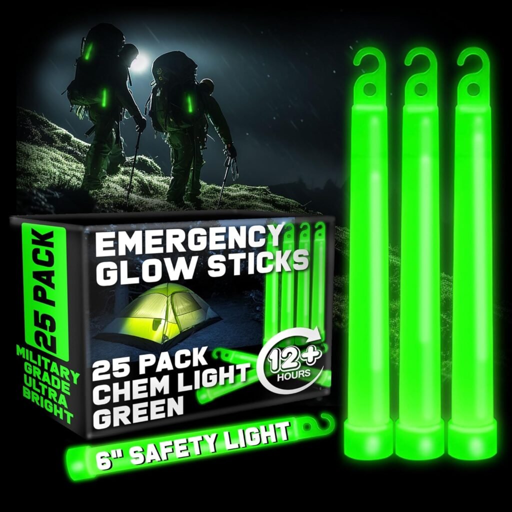 PartySticks Green Glow Sticks Emergency Chem Lights (6, 25 Pack) Military Grade 12 Hour Bulk Tactical Light Sticks for Survival Gear, Camping, Power Outages