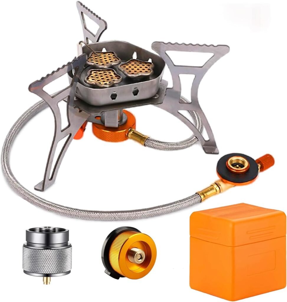 SVNVIOZ Camping Stove, Windproof Backpacking Stove with 3 Burner Cores, Piezo Ignition, Storage Box, 2 Types Fuel Canister Adapters, Camping Gear Portable Stove for Outdoor Camping Hiking Cooking