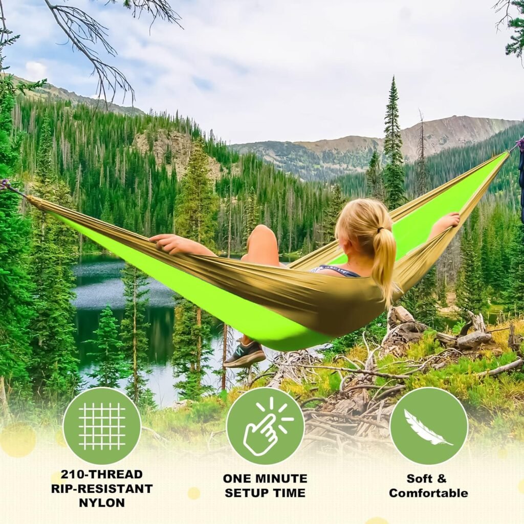 SZHLUX Camping Hammock Double  Single Portable Hammocks with 2 Tree Straps and Attached Carry Bag,Great for Outdoor,Indoor,Beach,Camping,Light Grey / Sky Blue